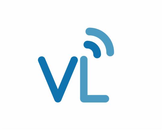 Niebieskie logo VL z stylizowanymi falami radiowymi nad literą L, na białym tle.