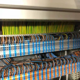 Szczegółowe ujęcie rozdzielnicy elektrycznej z uporządkowanymi przewodami w kolorach żółto-zielonym, niebieskim i brązowym, podłączonymi do listew zaciskowych z numeracją.