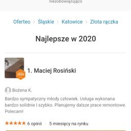 Maciej Rosiński - Zrzut ekranu strony Oferteo.pl, prezentujący profil firmy 'Maciej Rosiński' w kategorii 'Złota rączka', z oceną klienta i informacją o nagrodzie 'Najlepsze w 2020'.