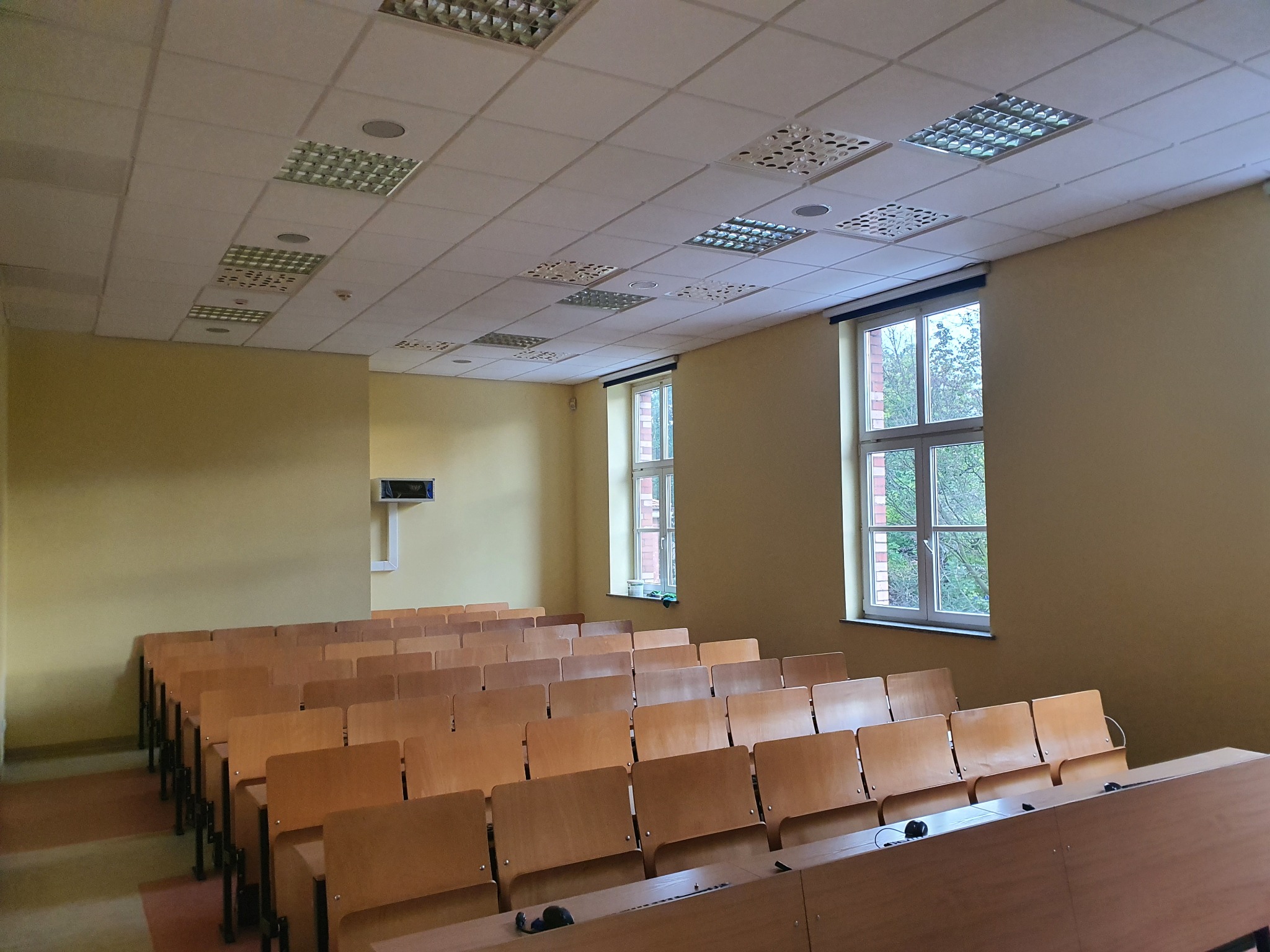 Sala wykładowa z rzędami drewnianych krzeseł i ław, żółte ściany, sufit kasetonowy z lampami, dwa okna z widokiem na drzewa.