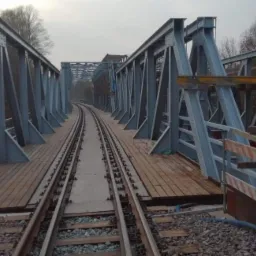 Stalowa konstrukcja mostu kolejowego w trakcie prac konserwacyjnych, widoczne drewniane pomosty i fragment zabezpieczenia z biało-czerwonymi pasami.