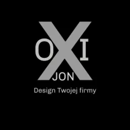 Logo firmy OXI Jon Design Twojej firmy na czarnym tle, szare litery tworzą znak graficzny.