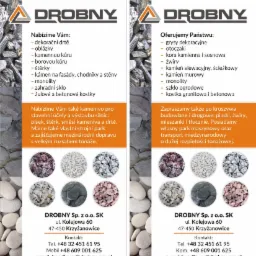 Dwujęzyczna reklama firmy Drobny Sp. z o.o. SK oferującej kruszywa budowlane i dekoracyjne, w tym żwir, piasek, grysy, otoczaki, korę kamienną, kostkę granitową i betonową, z adresami i numerami...