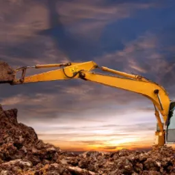 Żółta koparka na tle dramatycznego, zachmurzonego nieba i wzgórza z ziemi, łyżka uniesiona w górę.