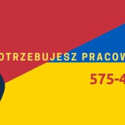 Grafika reklamowa z pytaniem 'Potrzebujesz pracowników?' i numerem telefonu, przedstawiająca osobę w kasku trzymającą poziomicę na tle flagi Białorusi i Ukrainy.