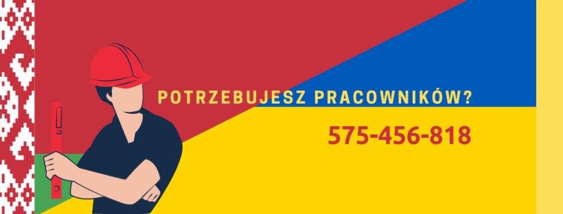 Grafika reklamowa z pytaniem 'Potrzebujesz pracowników?' i numerem telefonu, przedstawiająca osobę w kasku trzymającą poziomicę na tle flagi Białorusi i Ukrainy.