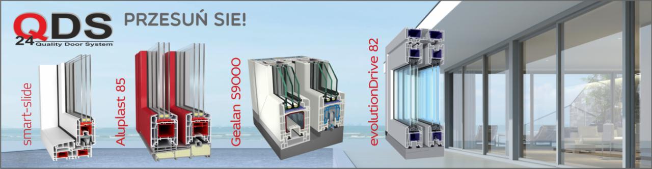 Przekroje poprzeczne różnych modeli stolarki okiennej i drzwiowej, prezentujące ich konstrukcję i parametry, z widocznymi nazwami marek i modeli.