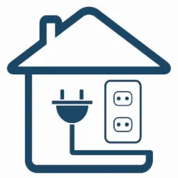 Grafika liniowa: dom z gniazdkiem elektrycznym i wtyczką. Prosty, nowoczesny design w odcieniach granatu na białym tle. Symbol elektryki domowej.