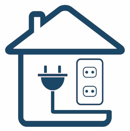 Grafika liniowa: dom z gniazdkiem elektrycznym i wtyczką. Prosty, nowoczesny design w odcieniach granatu na białym tle. Symbol elektryki domowej.