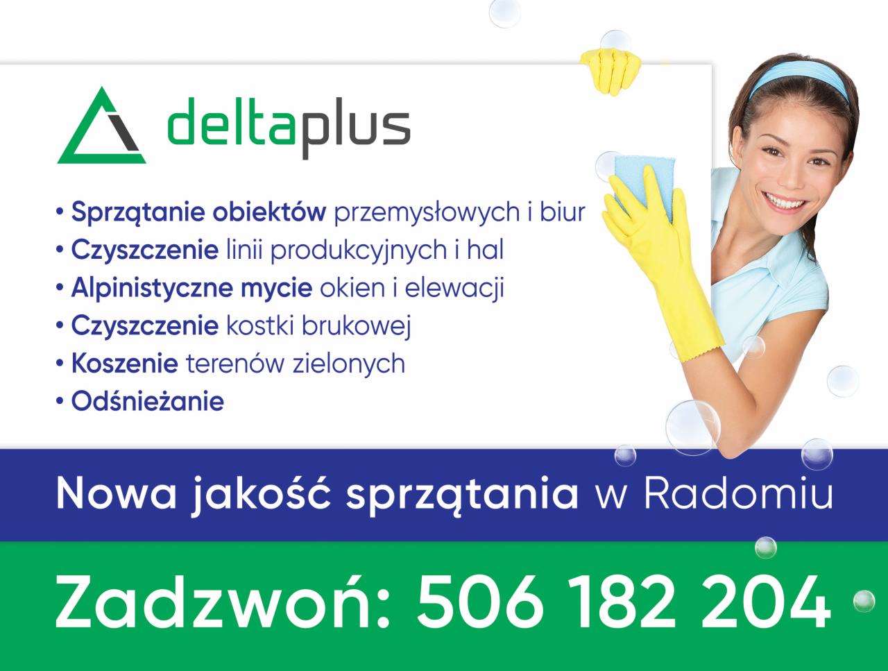 Reklama firmy Deltaplus oferującej sprzątanie biur i obiektów przemysłowych, mycie okien na wysokości oraz inne usługi czystościowe, z uśmiechniętą kobietą w rękawicach trzymającą gąbkę.