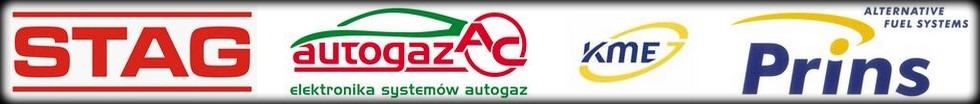 Logotypy producentów instalacji zasilanych alternatywnymi paliwami: Stag, Autogaz AC, KME, Prins.