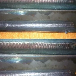 Precyzyjne spoiny na profilu stalowym, widoczne ślady obróbki cieplnej i charakterystyczny wzór spawu.