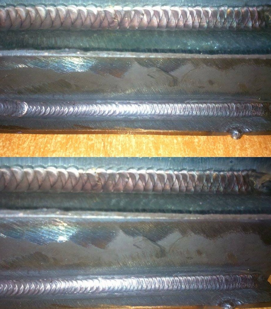 Precyzyjne spoiny na profilu stalowym, widoczne ślady obróbki cieplnej i charakterystyczny wzór spawu.