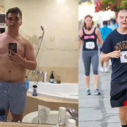 Mężczyzna robiący selfie przed i po treningu: po lewej w łazience, w bokserkach w paski, po prawej biegnący w koszulce sportowej Giants z numerem 62.
