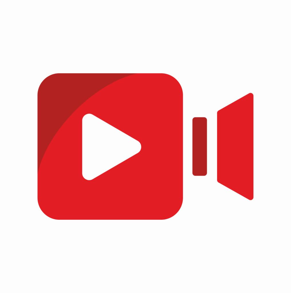 Czerwone logo w kształcie kamery z symbolem odtwarzania, stylizowane na ikonę aplikacji wideo.