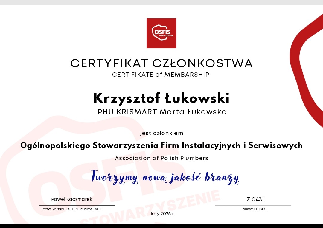 Certyfikat członkostwa Krzysztofa Łukowskiego w Ogólnopolskim Stowarzyszeniu Firm Instalacyjnych i Serwisowych OSFIS, ważny do lutego 2026.