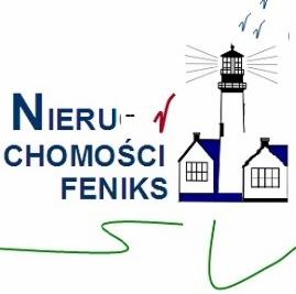 Logo firmy Nieruchomości Feniks z symbolem ptaków nad latarnią morską i domkami, oraz zielonym akcentem graficznym pod nazwą.