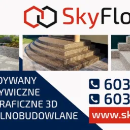 Kompozycja zdjęć prezentujących schody zewnętrzne z kamiennego dywanu i logo firmy SkyFlooring wraz z danymi kontaktowymi.