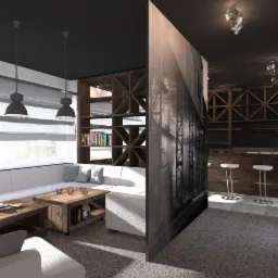 Wnętrze domu z drewnianymi elementami konstrukcyjnymi: regał na książki i konstrukcja baru z hokerami, oświetlenie punktowe, szara sofa pod oknem.