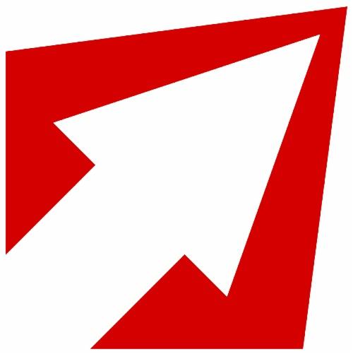 Czerwona, geometryczna strzałka skierowana w prawo, otoczona ramką, na białym tle.