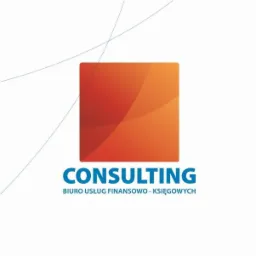 Logo firmy Consulting z gradientowym pomarańczowym kwadratem i napisem 'BIURO USŁUG FINANSOWO - KSIĘGOWYCH' w kolorze niebieskim.