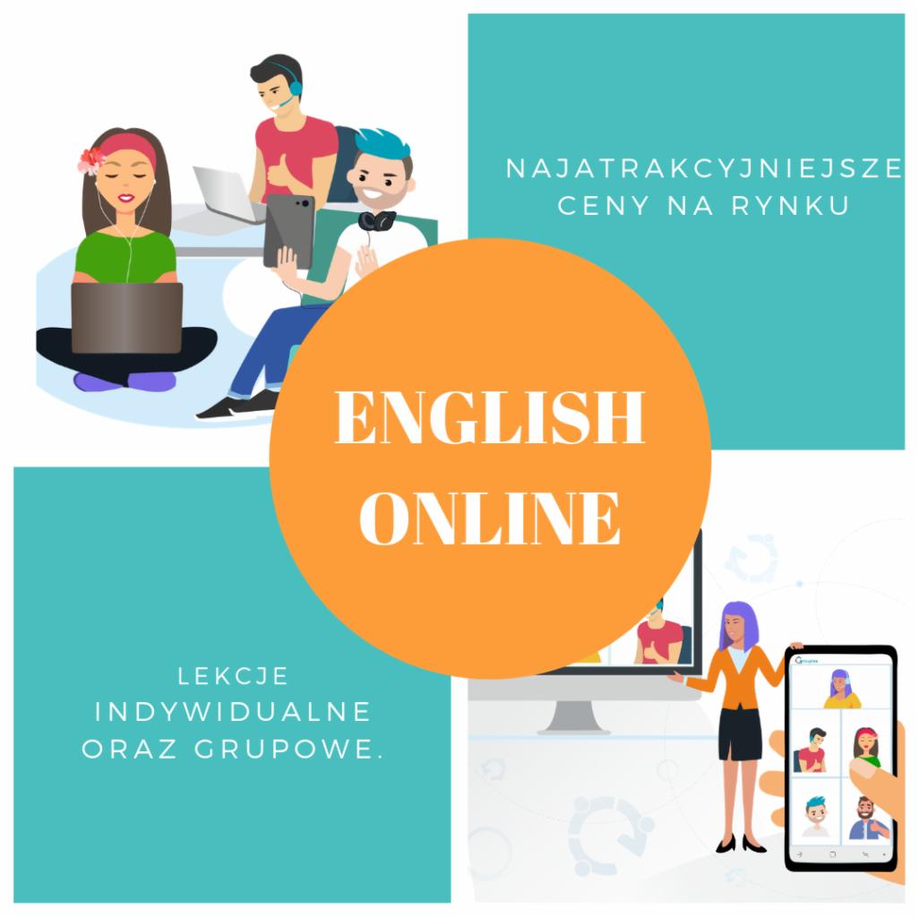 Grafika reklamowa: osoby uczące się zdalnie przez laptopa, tablet i smartfon, napis ENGLISH ONLINE na pomarańczowym tle, informacja o lekcjach indywidualnych i grupowych oraz najatrakcyjniejszych...