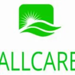 Zielone logo firmy ALLCARE przedstawiające stylizowane słońce i liście.