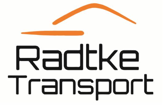 Logo firmy transportowej Radtke Transport z pomarańczowym symbolem dachu i drogi.