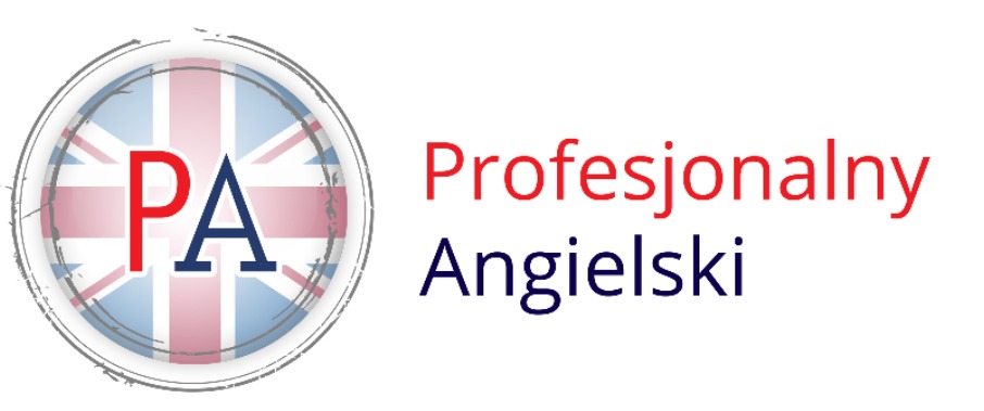 Logo firmy oferującej profesjonalny angielski, z flagą brytyjską w tle i inicjałami PA.