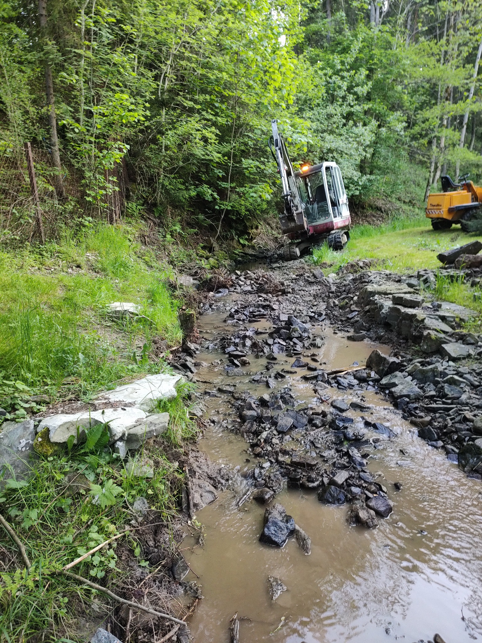 Mała koparka gąsienicowa w korycie potoku z błotnistą wodą i kamieniami, w tle zielona trawa i drzewa, drugi pojazd budowlany widoczny w oddali.