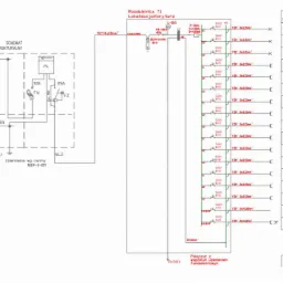 Schemat elektryczny rozdzielnicy T1 zlokalizowanej w korytarzu, zawierający schemat strukturalny, oznaczenia przewodów, zabezpieczeń i obwodów, wraz z listą obwodów i ich przeznaczeniem, np.