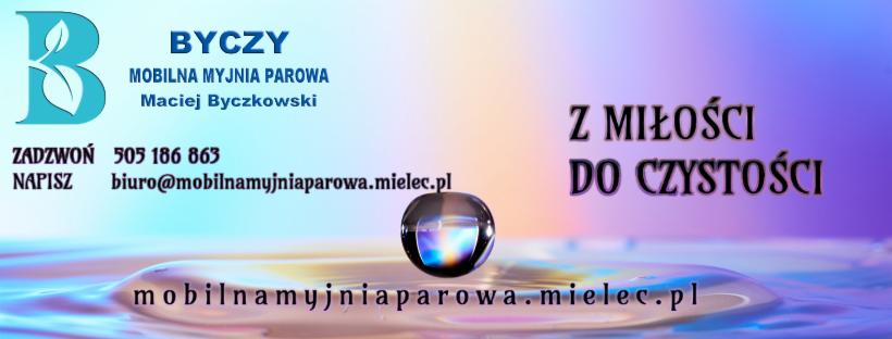 Logo firmy Byczy - Mobilna Myjnia Parowa Maciej Byczkowski, z hasłem 'Z miłości do czystości', numerem telefonu, adresem e-mail oraz kroplą wody.