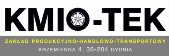 Logo firmy KMIO-TEK z Dydni, zakład produkcyjno-handlowo-transportowy, z oponą wkomponowaną w nazwę.