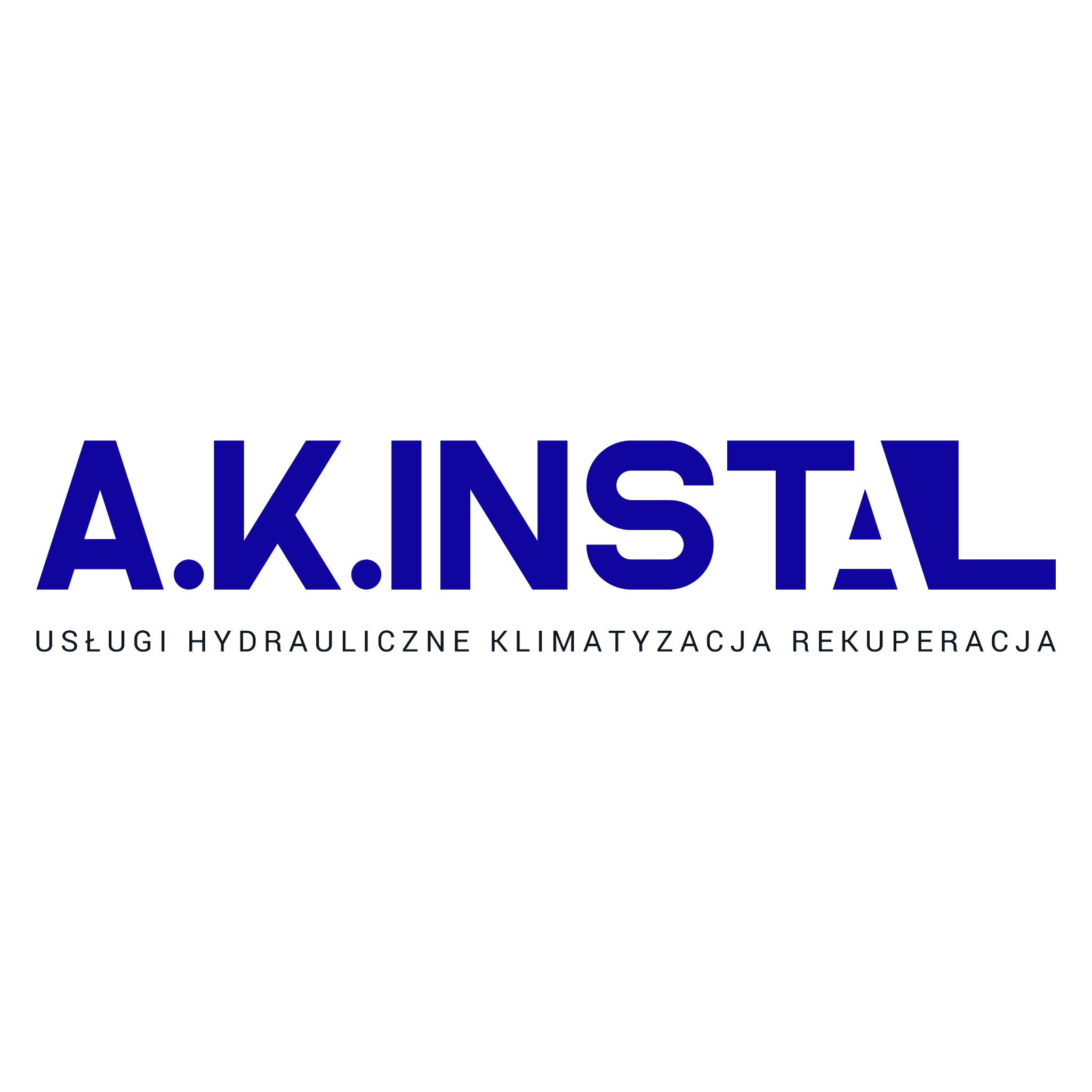Logo firmy A.K. INSTAL z Żelistrzewa, świadczącej usługi hydrauliczne, klimatyzacji i rekuperacji. Nazwa w kolorze niebieskim, napis na białym tle.
