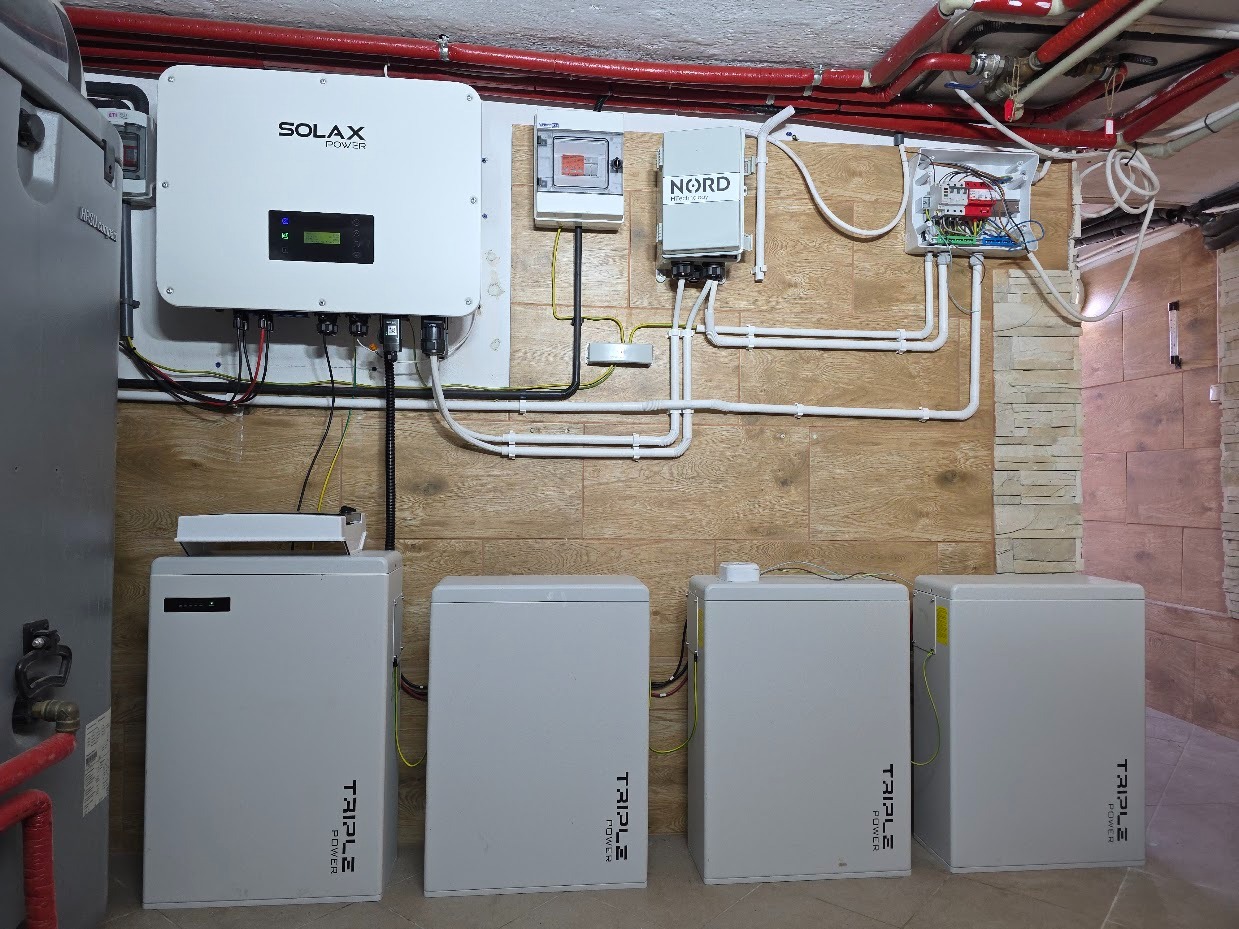 Kompletna instalacja fotowoltaiczna w pomieszczeniu: falownik Solax Power, moduły Nord i cztery moduły Triple Power. Widoczne przewody i rury instalacyjne.