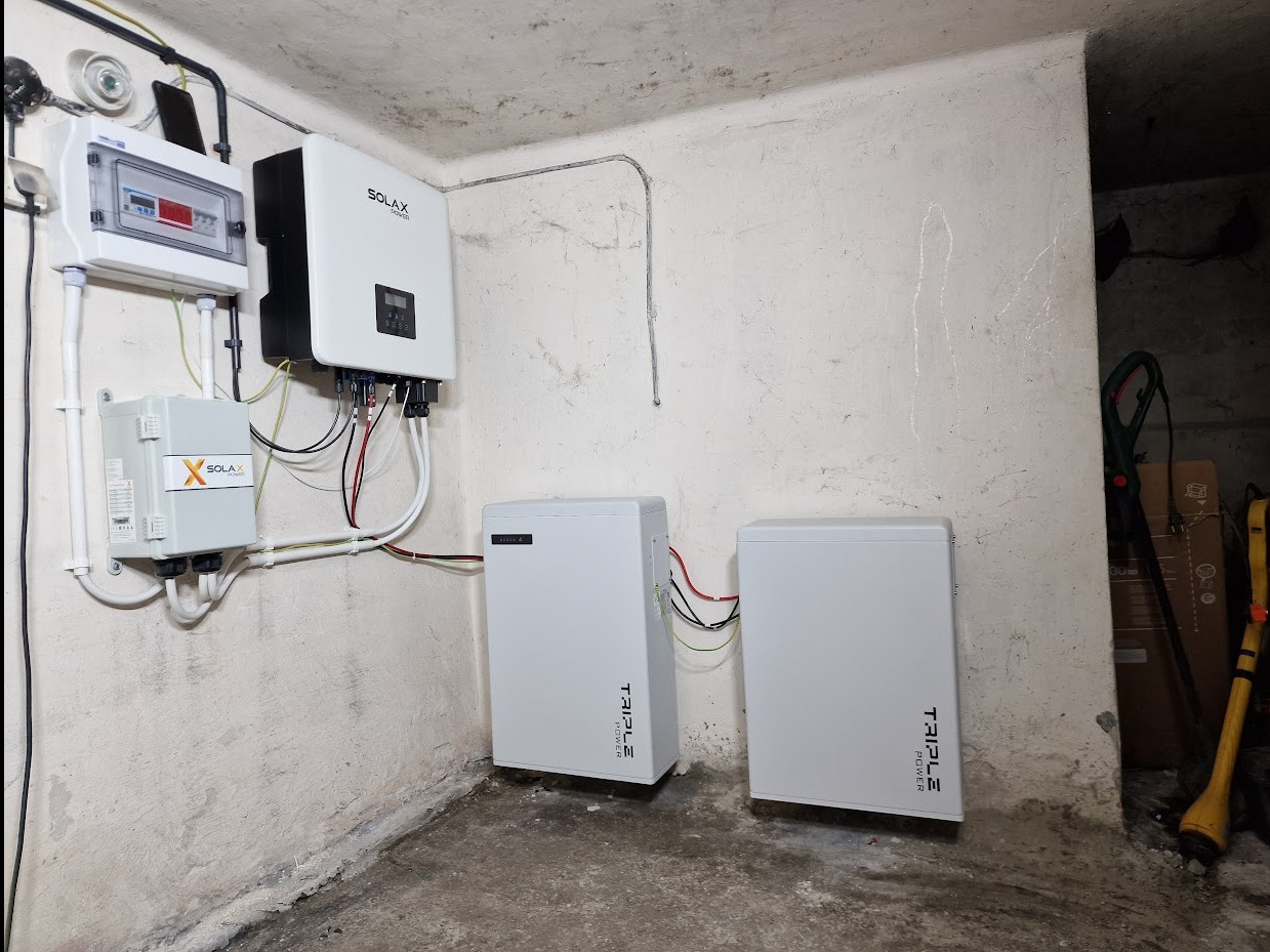 Instalacja magazynu energii Triple Power i falownika Solax w pomieszczeniu o surowych ścianach. Widoczne okablowanie i elementy montażowe.