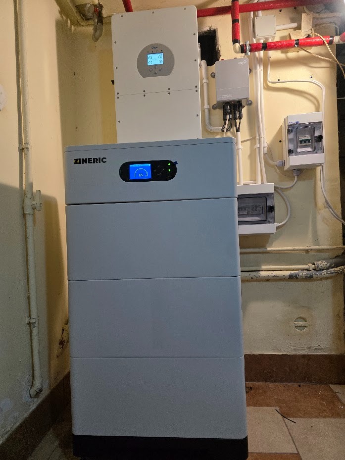 Szara bateria magazynu energii ZINERIC z niebieskim wyświetlaczem, obok biały inwerter fotowoltaiczny na ścianie z instalacją elektryczną w tle.