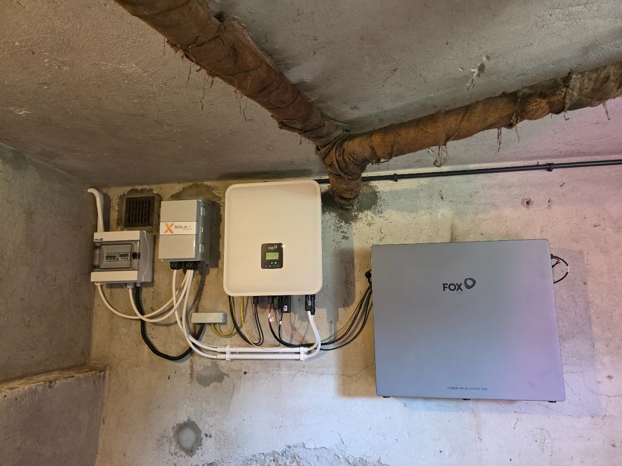 Instalacja fotowoltaiczna w piwnicy: licznik, inwerter Solax, inwerter FoxESS i bateria. Rury na suficie owinięte jutą. Betonowe ściany. Niski kąt ujęcia.