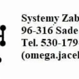 Logo firmy Systemy Zabezpieczeń z adresem Sade Budy, numerem telefonu i adresem e-mail, grafika z symbolem Omega i elementami elektronicznymi.