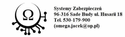 Logo firmy Systemy Zabezpieczeń z adresem Sade Budy, numerem telefonu i adresem e-mail, grafika z symbolem Omega i elementami elektronicznymi.