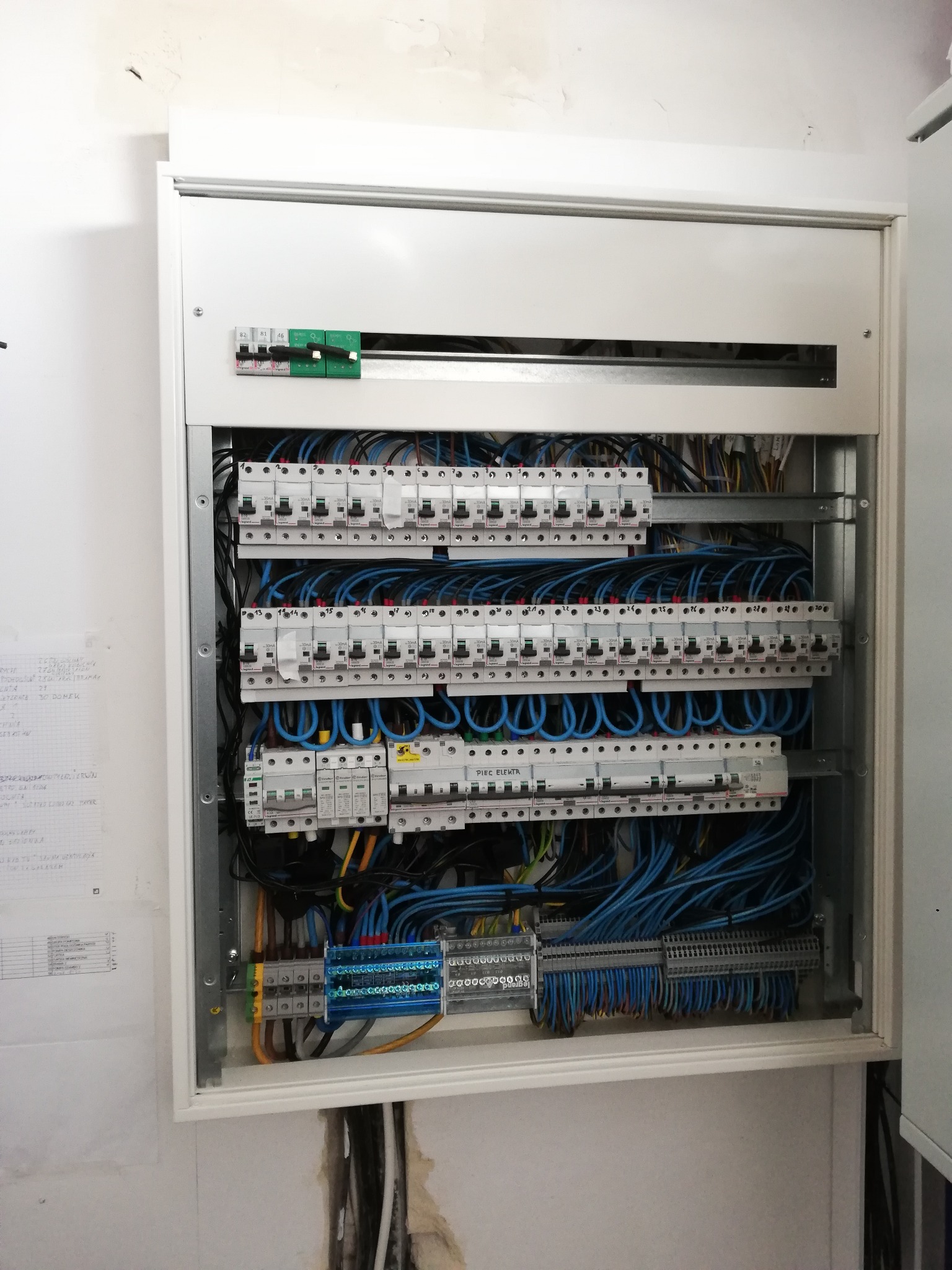 Otwarta skrzynka elektryczna z licznymi bezpiecznikami i niebieskimi przewodami, widoczne złącza listwowe i fragment ściany z notatkami.