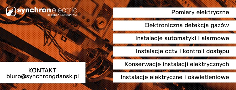 Baner reklamowy firmy Synchron Electric z Gdańska, oferującej usługi elektryczne i automatykę, w tym pomiary elektryczne, instalacje automatyki i alarmowe, CCTV, kontroli dostępu oraz konserwacje...