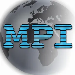 Stylizowane logo MPI z efektem 3D, niebieskie litery z poziomymi paskami na tle szarej kuli ziemskiej.