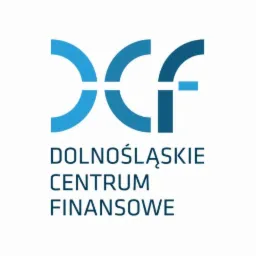 Logo Dolnośląskiego Centrum Finansowego z abstrakcyjnym symbolem w odcieniach niebieskiego nad nazwą.