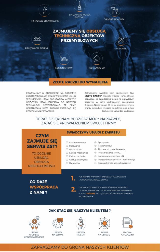 Grafika reklamowa firmy oferującej kompleksową obsługę techniczną obiektów przemysłowych, w tym instalacje elektryczne, sprzątanie, drobne remonty, pielęgnację zieleni, koszenie trawników, naprawy...