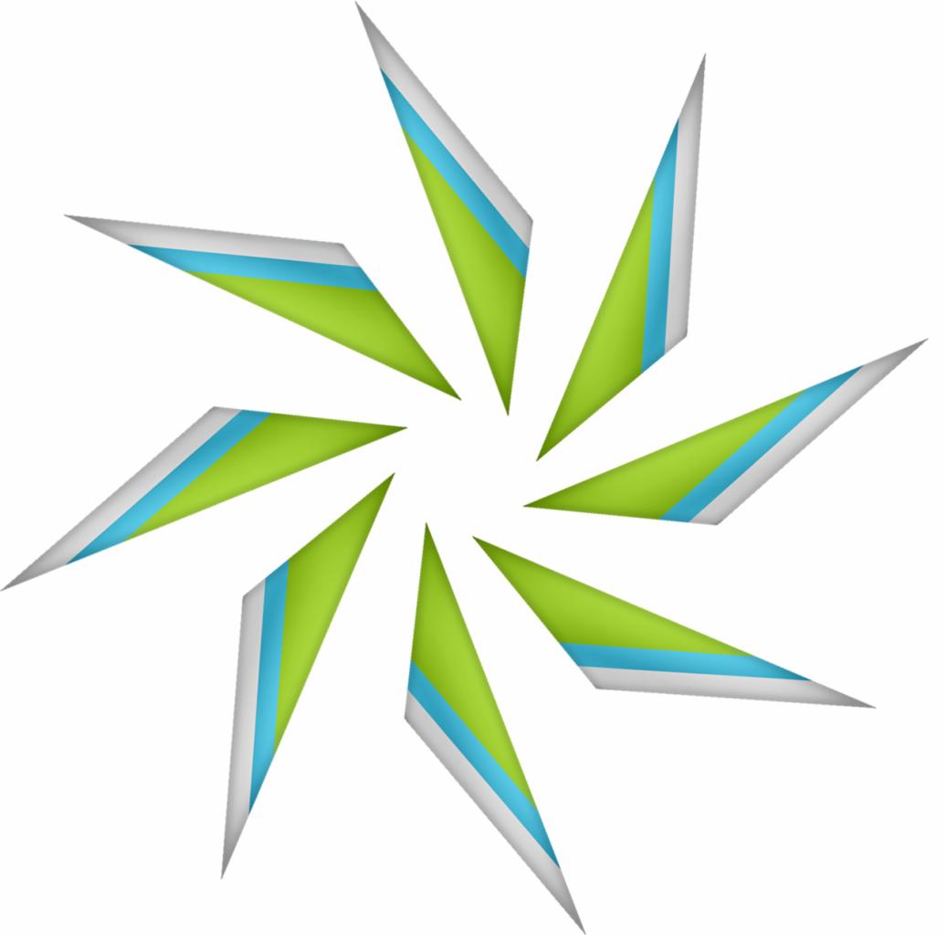 Abstrakcyjne logo z ośmioma zielonymi, trójkątnymi elementami z niebiesko-szarymi paskami, ułożonymi promieniście wokół białego centrum.