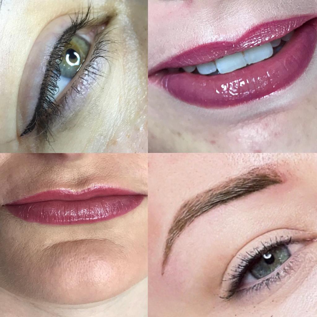 Kolaż zbliżeń: oko z kreską permanentną, usta z makijażem permanentnym w odcieniu malinowym, dolna część twarzy z pomalowanymi ustami, oko z brwią po zabiegu microbladingu.