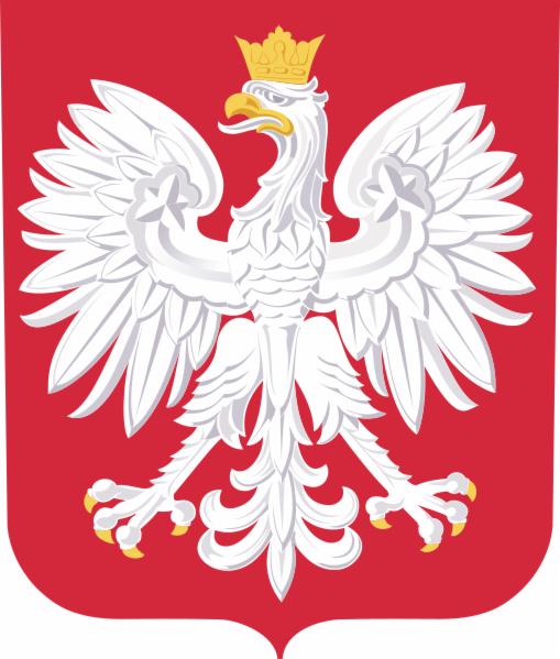 Grafika przedstawiająca godło Polski: biały orzeł w koronie na czerwonym tle.