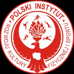 Czerwono-białe logo Polskiego Instytutu Rozwoju Kultury Fizycznej i Sportu z wizerunkami sportowców i orła z mapą Polski.