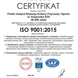 Jesteśmy certyfikowaną Instytucją. Posiadamy Certyfikat Systemu Zarządzania Jakością ISO 9001:2015